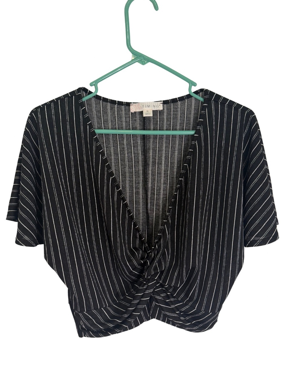 3/$20 Timing Black & White Pinstripe Twist-Front Short Sleeve Crop Top
